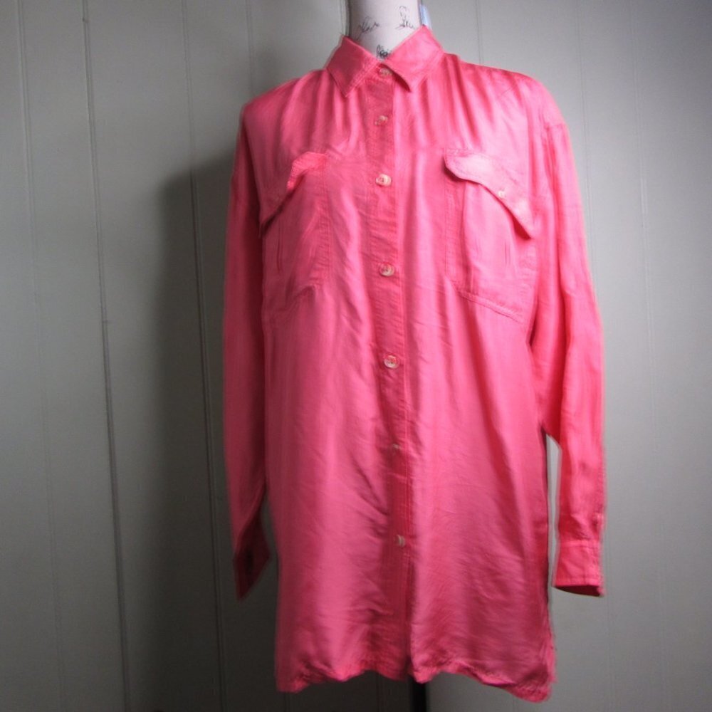 Kate Howard Blouse Shirt M Button Up Coral Silk - Picture 2 of 14